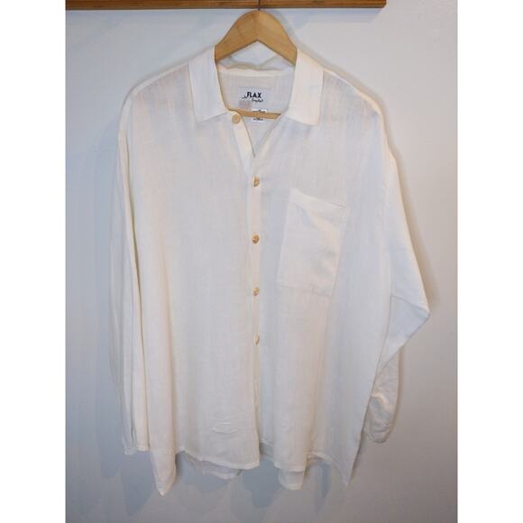 FLAX White Linen Button Down Shirt Size Medium Oversized Vintage Boho Natural - Picture 1 of 14